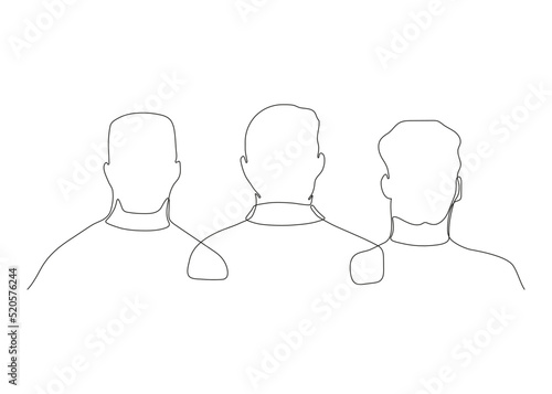 Community of men friend hug and support together, back view, continuous one art line drawing. Three human heads, men's team work, unity group. Brothers in embrace. Vector outline illustration