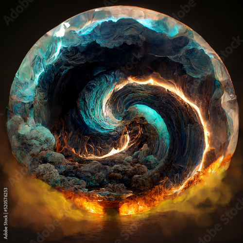 Digital art of a swirling blue and orange vortex tornado of clouds water and fire