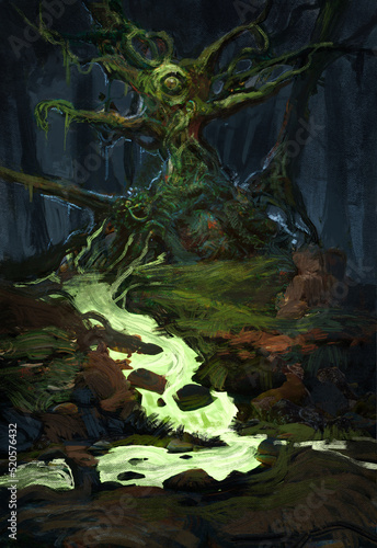 Digital painting of an evil oak tree deep in a magic forest with a flowing green river of poison - fantasy illustration