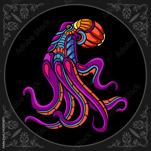 Colorful Kraken octopus zentangle arts isolated on black background.