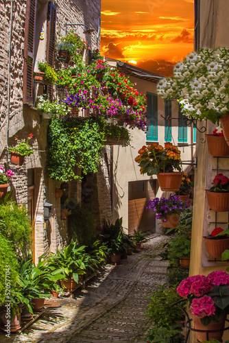 Picturesque street of Spello medieval town during summer sunset