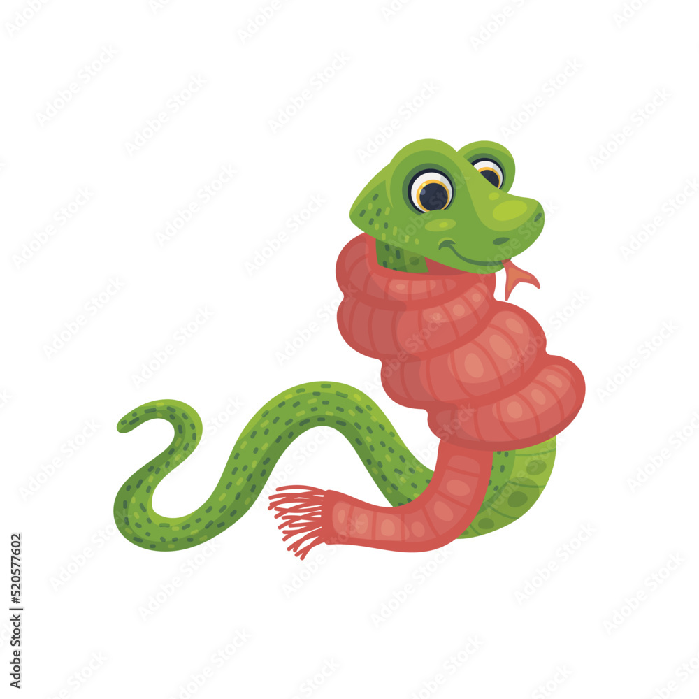 Funny green cartoon snake in warm scarf flat vector illustration isolated. Funny green cartoon snake in warm scarf flat vector illustration isolated.