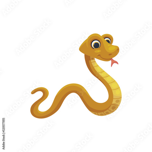 Adorable yellow cartoon snake with tongue, flat vector illustration isolated.