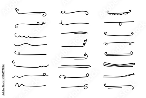 Handmade underlines set. Hand-drawn dividers, separators, borders, collection of doodle style various art elements for text decoration. Isolated. Vector illustration