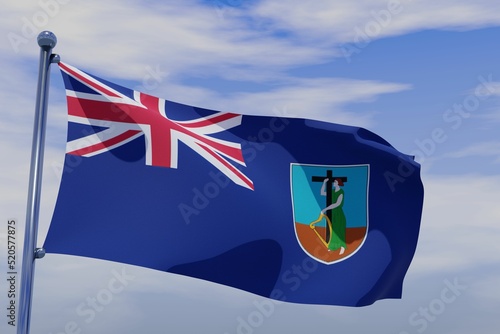 3D illustration of waving flag of Montserrat with a chrome flag pole on blue sky background