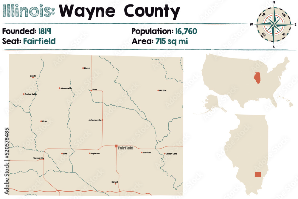 Large and detailed map of Wayne county in Illinois, USA.