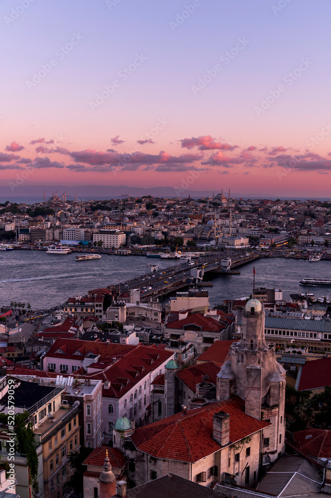 Naklejka premium Istanbul city of sunset citycape is beautiful scenery of summer with lifestyle travel, tourism and vacation in Istanbul town buildings .Turkey.