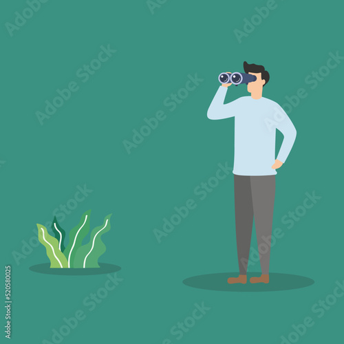 Vector illustration background about happy young tourist man looking through big binoculars far ahead. The businessman is traveling with field glasses. Graphic design vector illustration