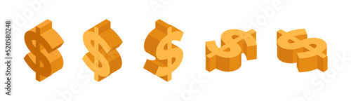golden dollar in isometric style. Top view, right and left