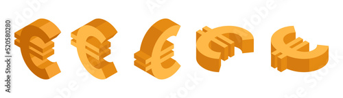 Euro currency icons set in isometric style. Top view, right, left