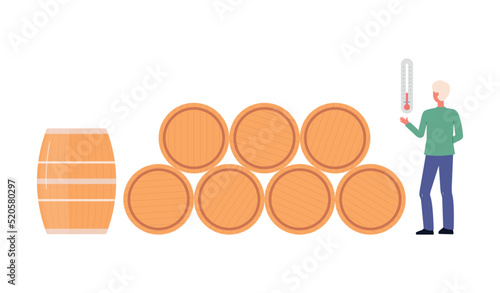 Winemaker checks the temperature of brewed wine, vector illustration isolated.