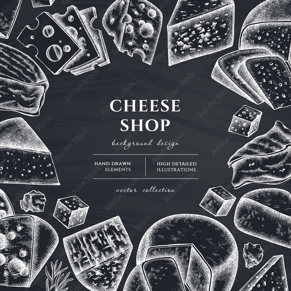 Cheese hand drawn illustration design. Background with chalk brie, gouda cheese, roquefort, etc.
