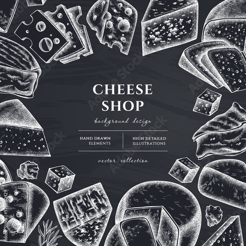 Cheese hand drawn illustration design. Background with chalk brie, gouda cheese, roquefort, etc.