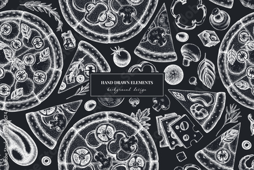 Pizza seamless pattern background design. Engraved style. Hand drawn greek, margherita, pepperoni, veggie, ham and mushrooms and seafood pizzas.