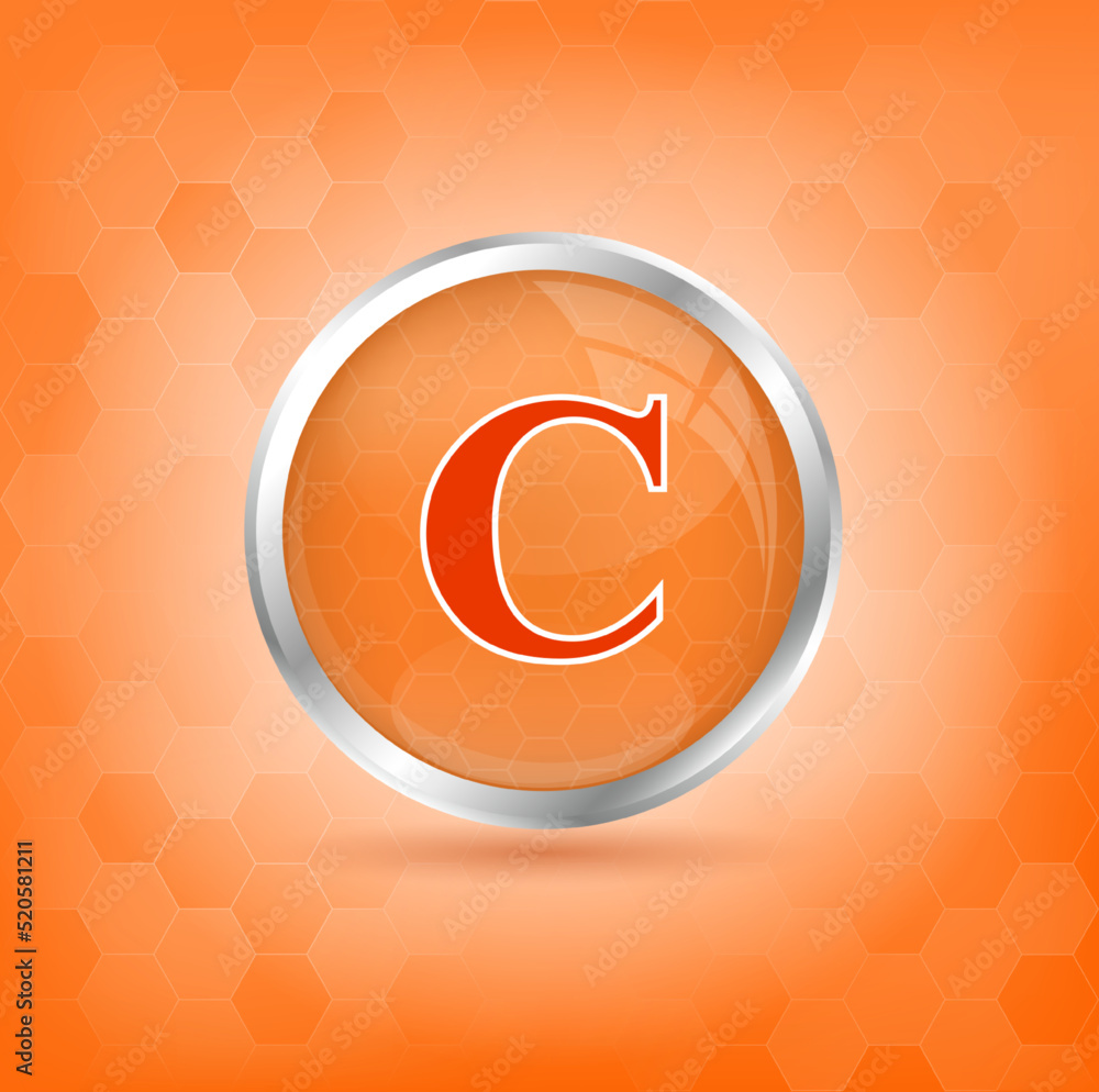 Fototapeta premium Vitamin C icon structure orange substance. 3D Vitamin complex with chemical formula. Personal care, beauty concept. Vector Illustration. Medicine health symbol of thiamine. Drug business concept. 