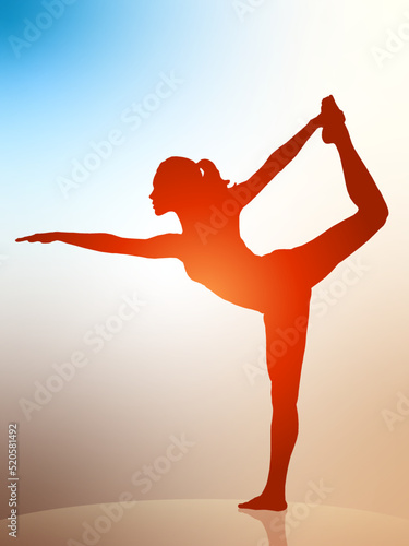Yoga in the NATARAJASANA pose. A vivid image. Balance asanas. Bright outline. Isolated vector illustration. Bright background. Meditation