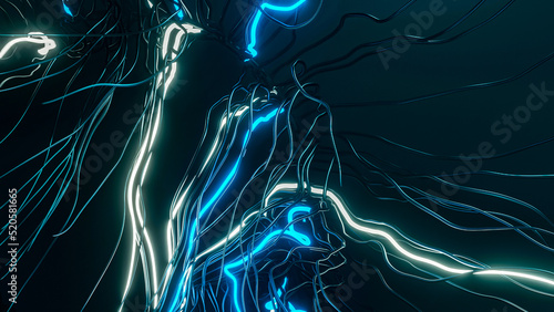 Schilderij op canvas Abstract bright neon and metallic hair structure, lightning bolt, background wit
