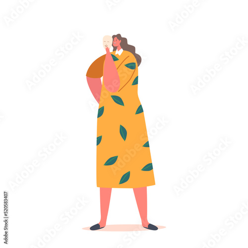 Sad Woman Hide her Face behind of Smiling Mask. Upset Female Character Psychology Problems, Depression, Mental Disorder