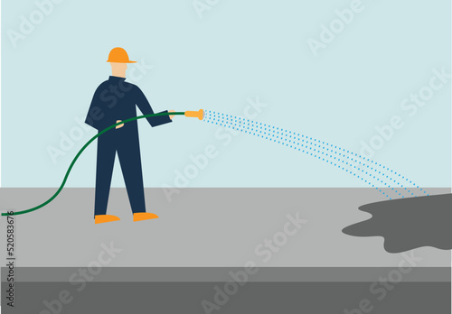 A man sprays water to cure cemented road or floor or disinfects an area. Editable Clip Art.
