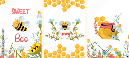 Happy Honey bee with wildflowers, glass jar honey with honeycomb, wildflowers, cute bee, sunflower, chamomile. Composition for your brand, logo, label, postcard. Vector illustration.