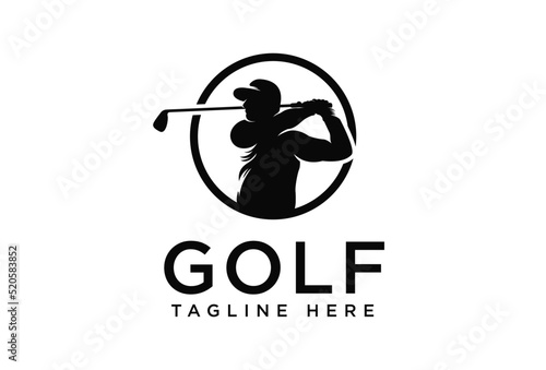 golf logo with silhouette of person swinging golf stick.