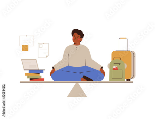 Business man with closed eyes takes a harmony between job and rest. Black boy has a good work life balance. Working during traveling. Vector illustration