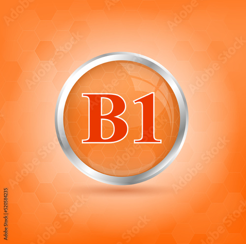 Vitamin B1 icon structure orange substance. 3D Vitamin complex with chemical formula. Personal care, beauty concept. Vector Illustration. Medicine health symbol of thiamine. Drug business concept.