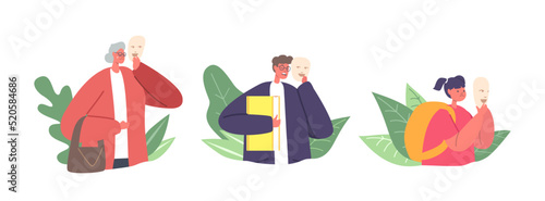 Set of Icons or Avatars Male and Female Characters Hiding Faces Behind Masks With Positive Emotions, Disguising Feelings