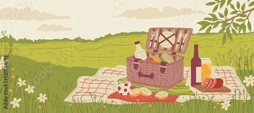 Picnic basket with food and wine on summer background flat vector illustration.