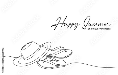 Continuous line drawing of summer concept, sandy beach, straw hat, starfish, bag, sunglasses and flip flops on tropical beach in one line doodle style. Editable strokes.