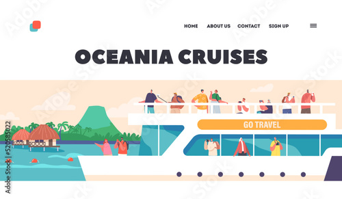 Oceania Cruises Landing Page Template. People On Cruise Liner Deck with Seascape View, Tropical Nature and Dwellings