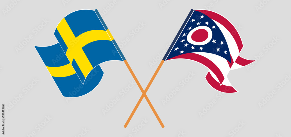 Crossed and waving flags of Sweden and the State of Ohio