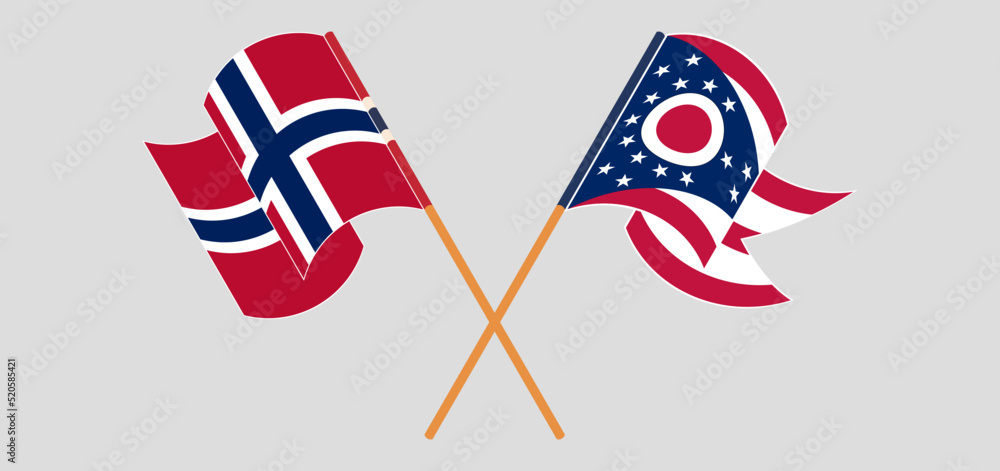 Crossed and waving flags of Norway and the State of Ohio