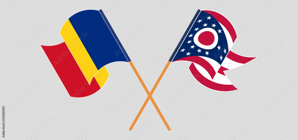 Crossed and waving flags of Romania and the State of Ohio Crossed and waving flags of Romania and the State of Ohio