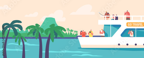 Summertime Vacation Journey On Nautical Passenger Vessel. People On Cruise Liner Deck Shoot Seascape Andtropical Nature