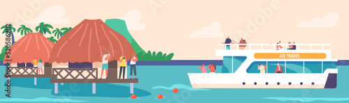 Tourists Character Voyage On Cruise Liner On Vacation Or Weekend. People Spend Time Or Ship. Passengers With Camera