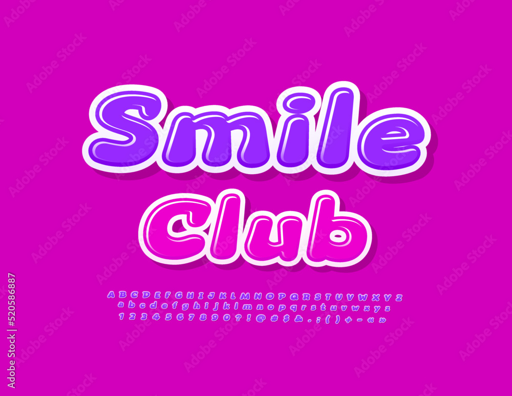 Vector funny emblem Smile Club. Bright playful Font. Childish set of Alphabet Letters, Numbers and Symbols
