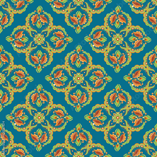 Traditional and Colorful Floral Artwork On Teal Color Background, Seamless Pattern.