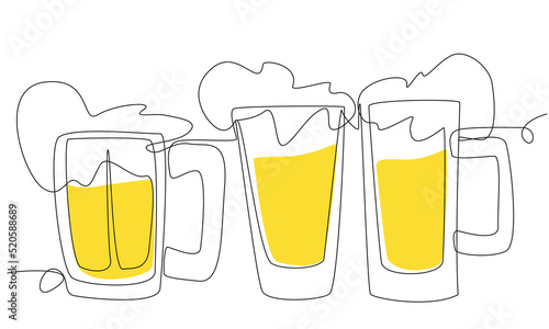 Three glasses of beer in one line on a white background. Stock vector illustration of a light alcoholic drink.