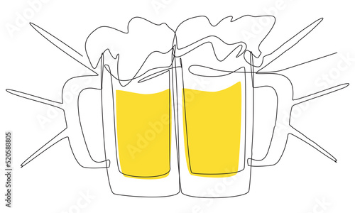 Two clinking glasses with beer in one line on a white background. The concept of a friendly feast and toast. Weekend beer evening stock vector illustration.
