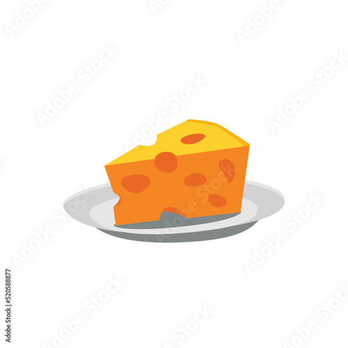 Piece of cheese on plate flat vector illustration isolated on white background. photo