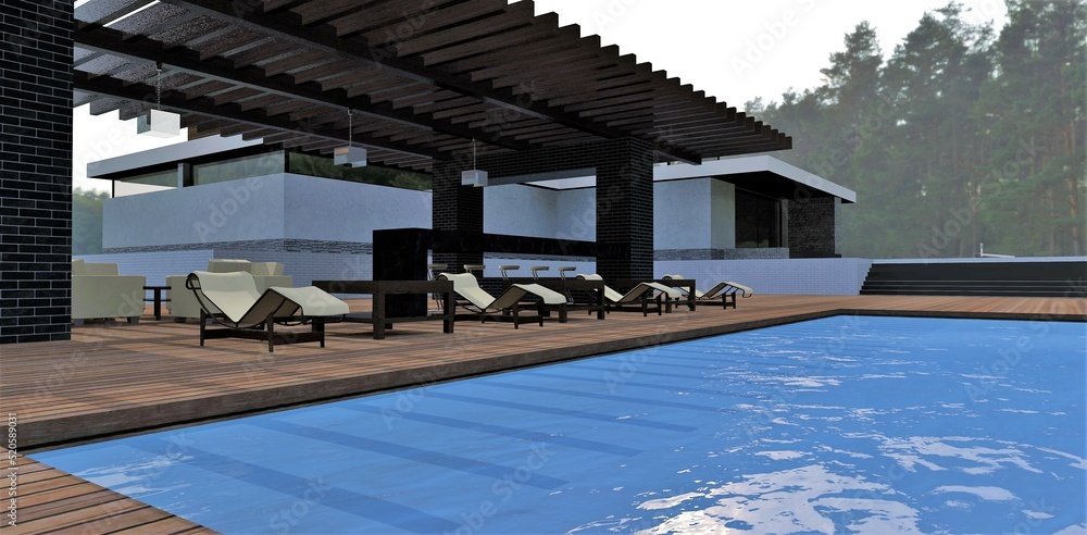 Blue water in the swimming pool of a luxury home. Cozy patio with bar. Green forest in the background. 3d render.