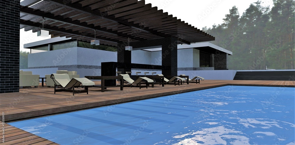 Fototapeta premium Blue water in the swimming pool of a luxury home. Cozy patio with bar. Green forest in the background. 3d render.