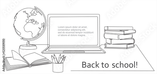 Back to school. One continuous line drawing of  globe, books stack, laptop and  pencils. Study space desk concept. Back to school. Single line draw design vector illustration