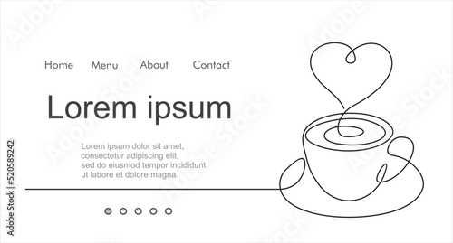 One continuous single line of hand drawn with cup of coffee decorated with heart symbol isolated on white background.
