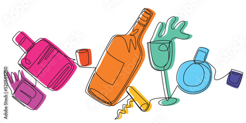 One line Bottles and glasses floating in the air. Alcoholic drinks in rainbow colors. Stock vector illustration for bar menu, wine list, alcohol sale online shop banner.