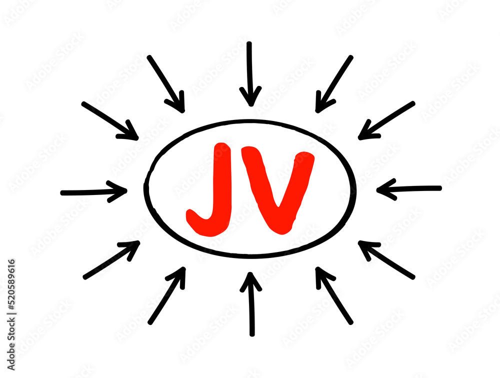 JV Joint Venture - business entity created by two or more parties, generally characterized by shared ownership and risks, acronym text concept with arrows JV Joint Venture - business entity created by two or more parties, generally characterized by shared ownership and risks, acronym text concept with arrows