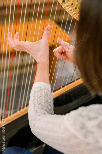 Fotografie, Obraz Vertical shot of a woman playing a harp