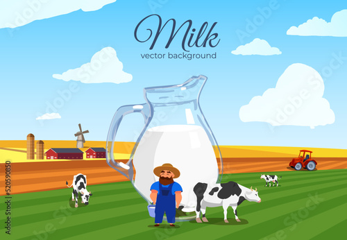 Milk background with farmer and cows in field, flat vector illustration.