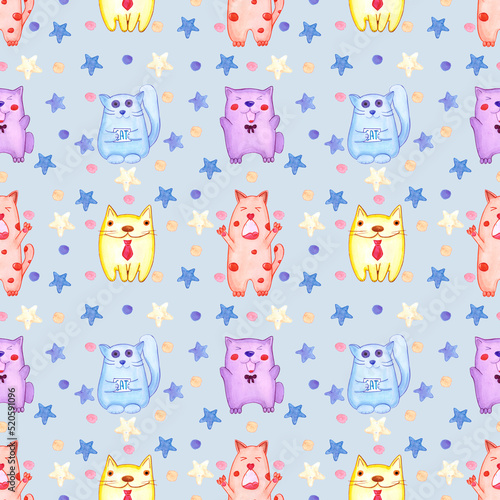 Handdrawn watercolor seamless pattern with cats for children's textile. Scrapbook design, typography poster, label, banner, post card.